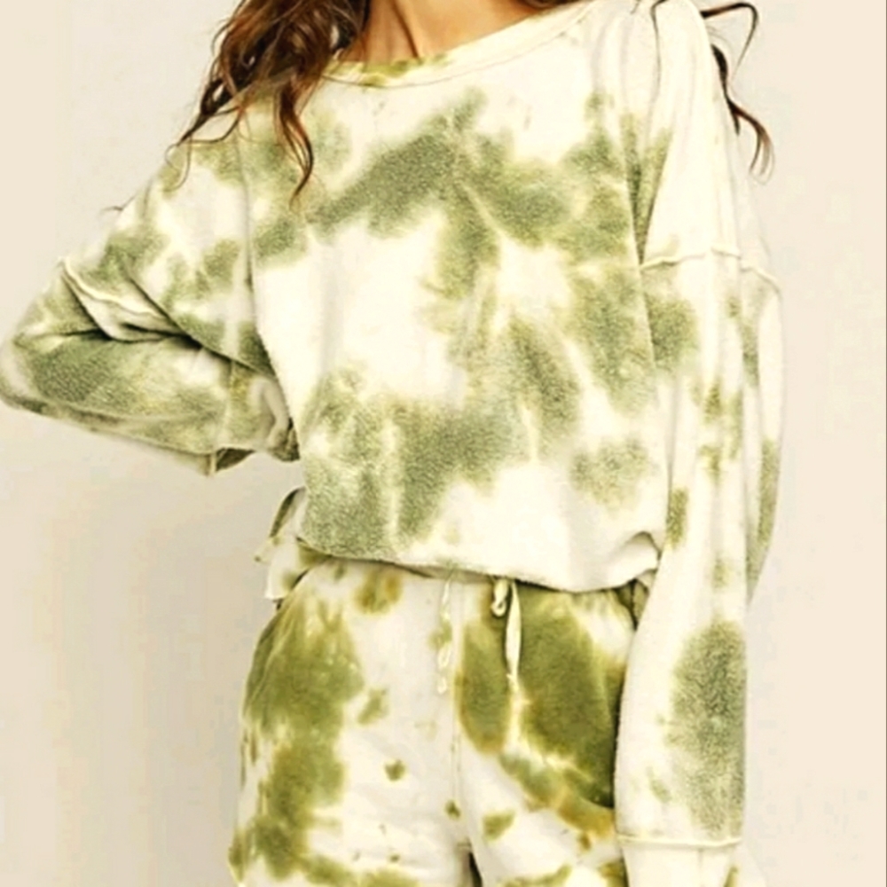 Free People Kelly Washed Tie Dye Short Set in Army Combo Size Medium Women NWT - Picture 1 of 5